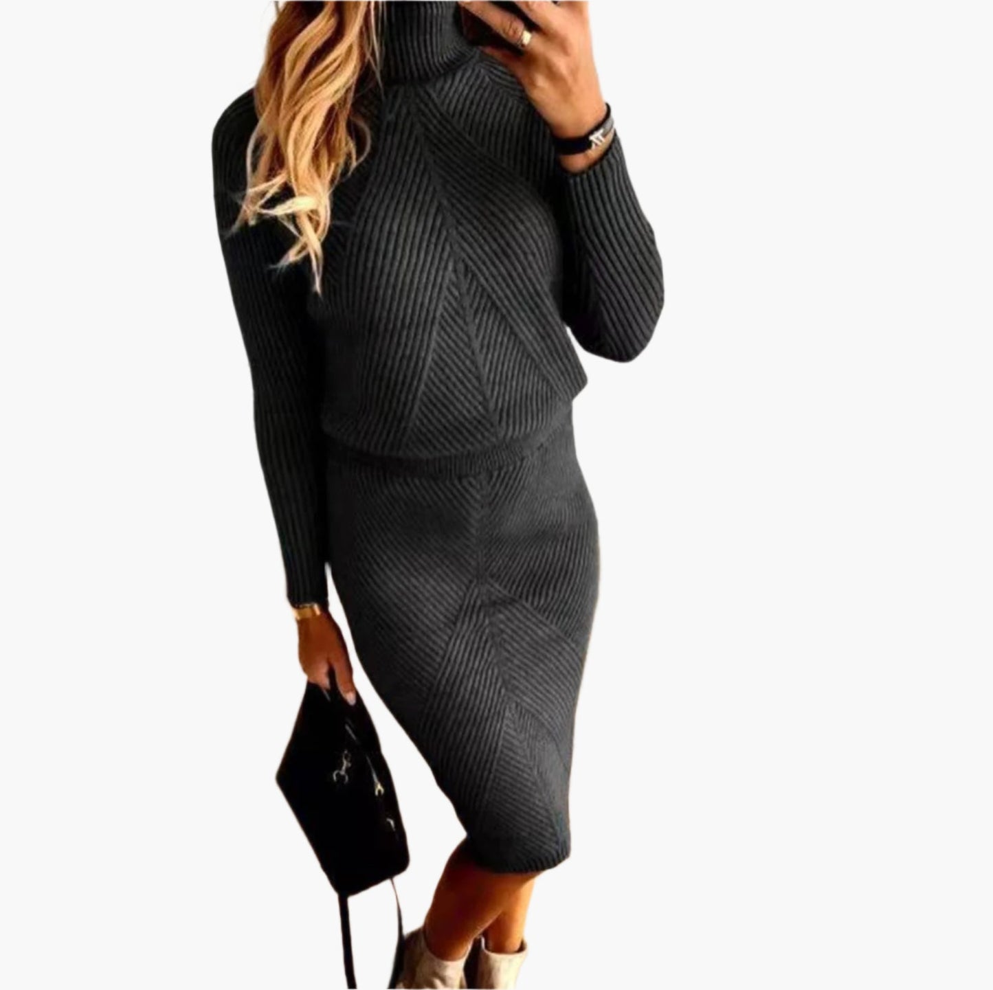 Women's Elegant Knitted Turtleneck Sweater Dress Set – Casual Chic Two-Piece Outfit