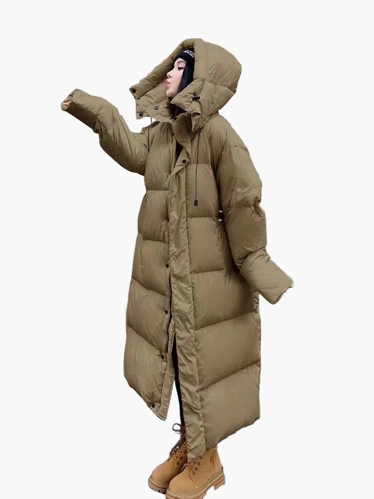 Women's Long Puffer Coat with Hood - Relaxed Fit, Windproof, Casual Winter Outerwear