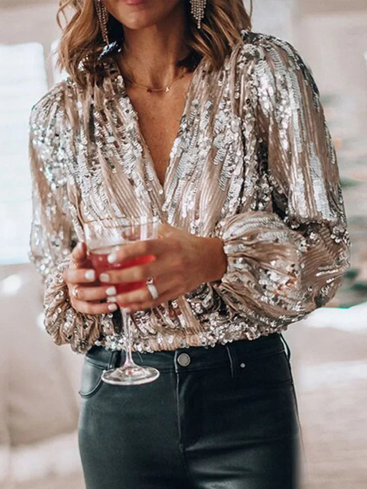 Charlotte – Elegant Vintage Sequin Blouse with Luxurious Lantern Sleeves
