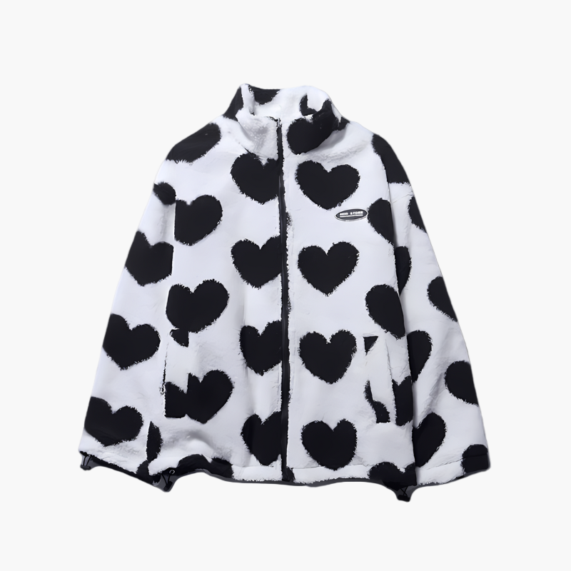 Women's Reversible Fluffy Hearts Full Zip Fleece Jacket – Cozy and Stylish Outerwear for All Seasons