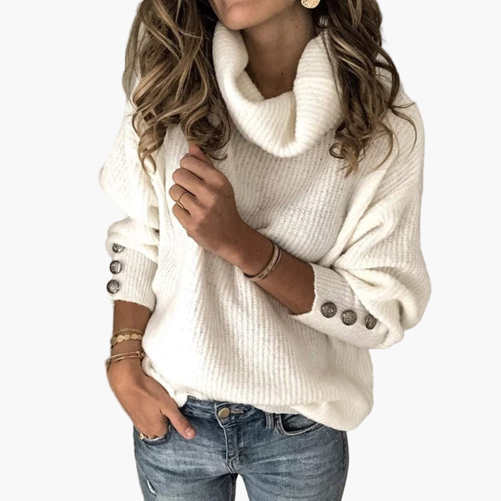 Women's Cozy Turtleneck Pullover Sweater with Button Sleeve Design for Casual Style