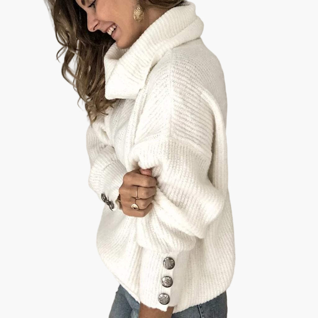 Women's Cozy Turtleneck Pullover Sweater with Button Sleeve Design for Casual Style