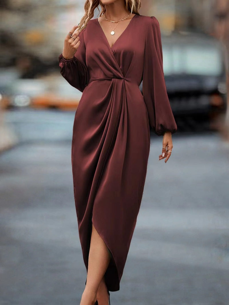 Elegant Women's V-Neck Satin Maxi Dress with Long Bell Sleeves and Front Slit for Summer