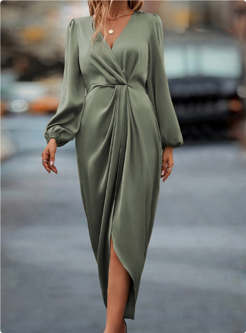 Elegant Women's V-Neck Satin Maxi Dress with Long Bell Sleeves and Front Slit for Summer