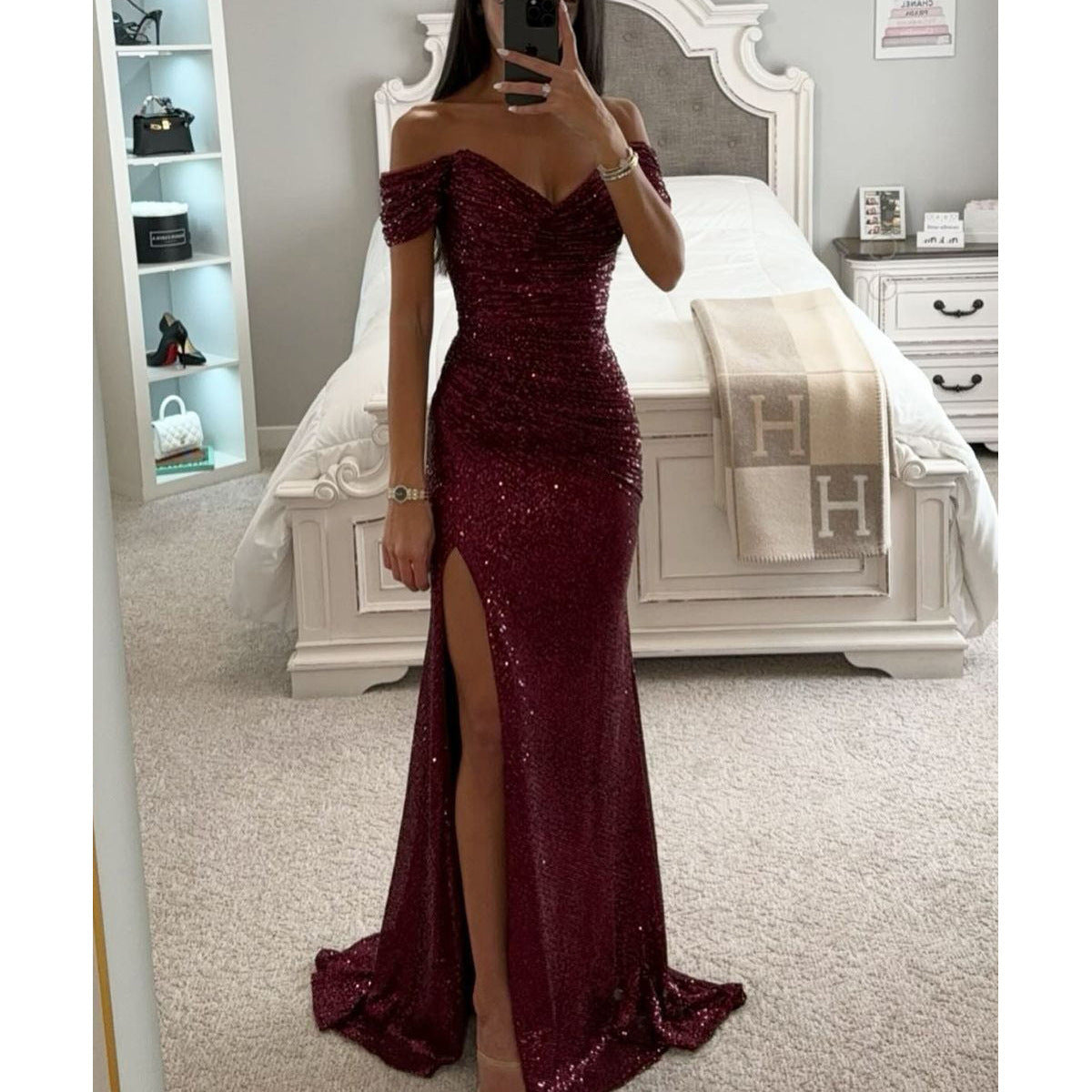 Jade – Sequin Off-Shoulder Split Dress