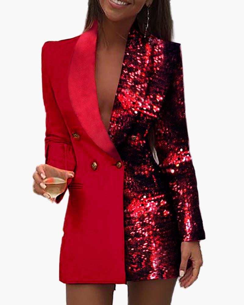 Women's Sequin Patchwork Deep V Neck Party Mini Blazer Dress