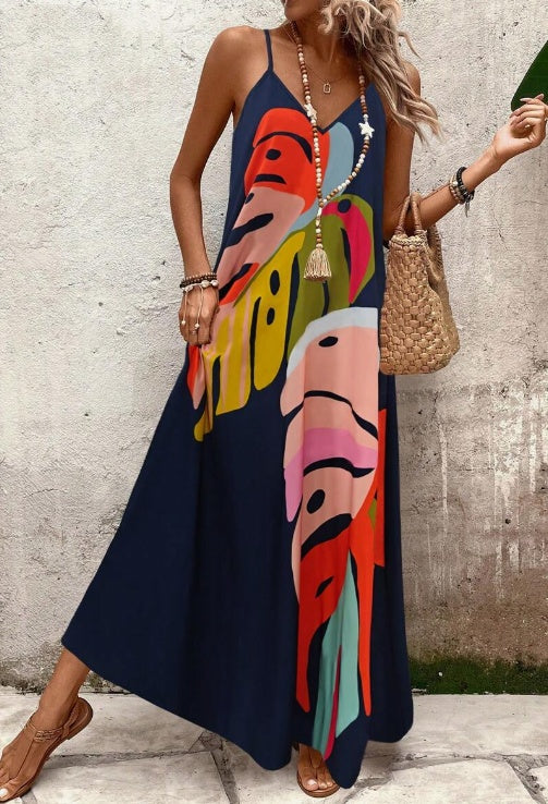 Lauren – Colorful Leaf Print Maxi Dress