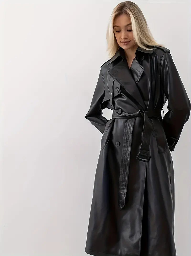 Women's Elegant Long Trench Coat with Double-Breasted Closure and Waist Belt - Stylish Outerwear for Casual, Business, and Evening Wear