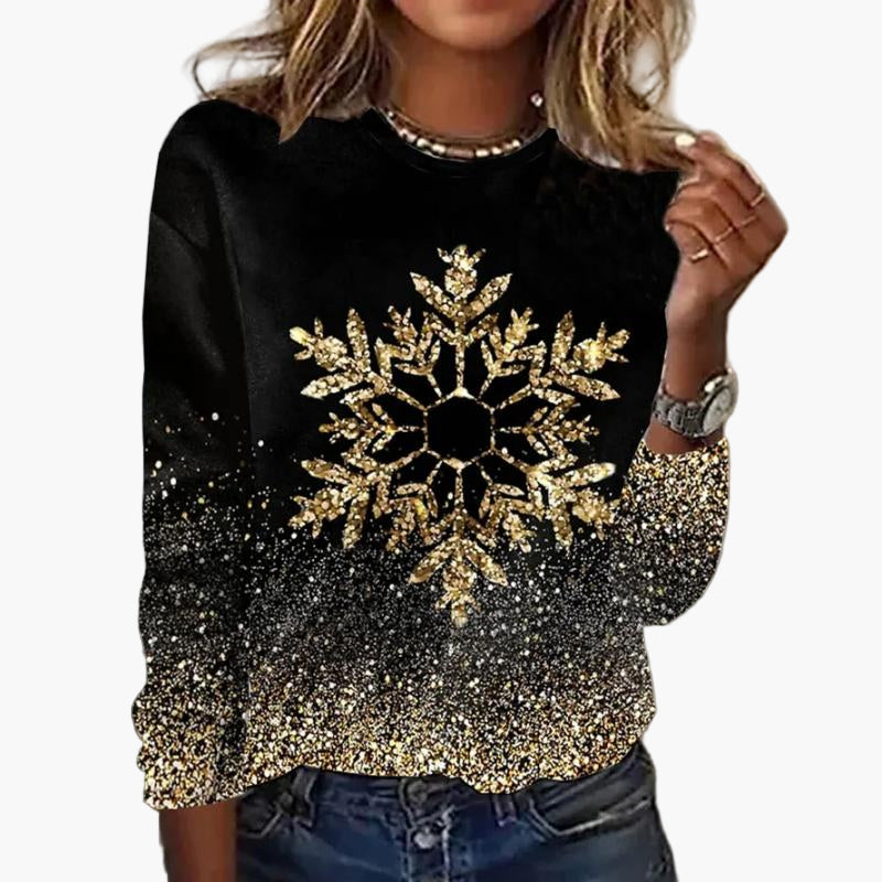 Women's Glitter Snowflake Long Sleeve Party Top - Festive Sparkle Pullover