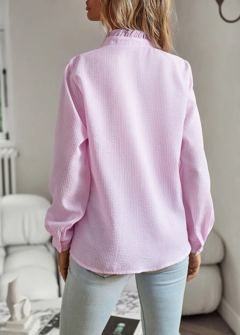Women's Long Sleeve Button-Down Shirt – Casual Ruffle Blouse Top