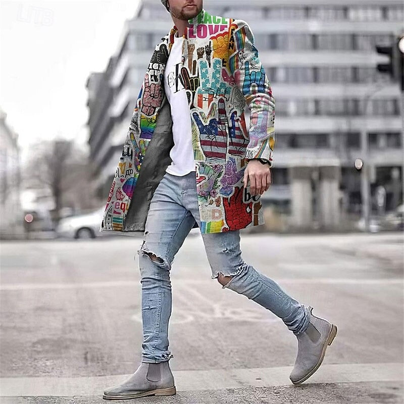 Men's Statement Graphic Print Long Coat – Modern Urban Fashion Outerwear