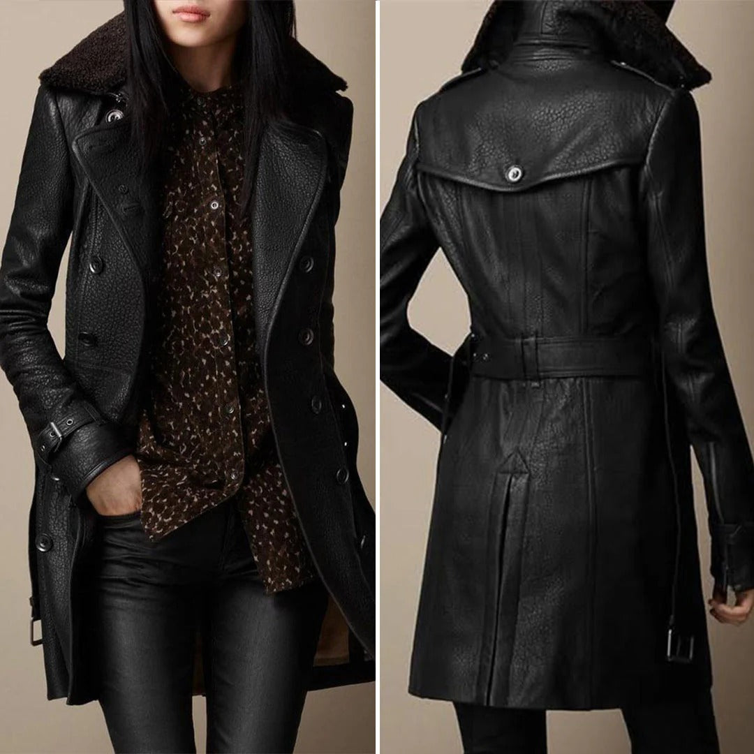 Women's Elegant Leather Trench Coat - Tailored Fit, Timeless Style, Fashion Statement