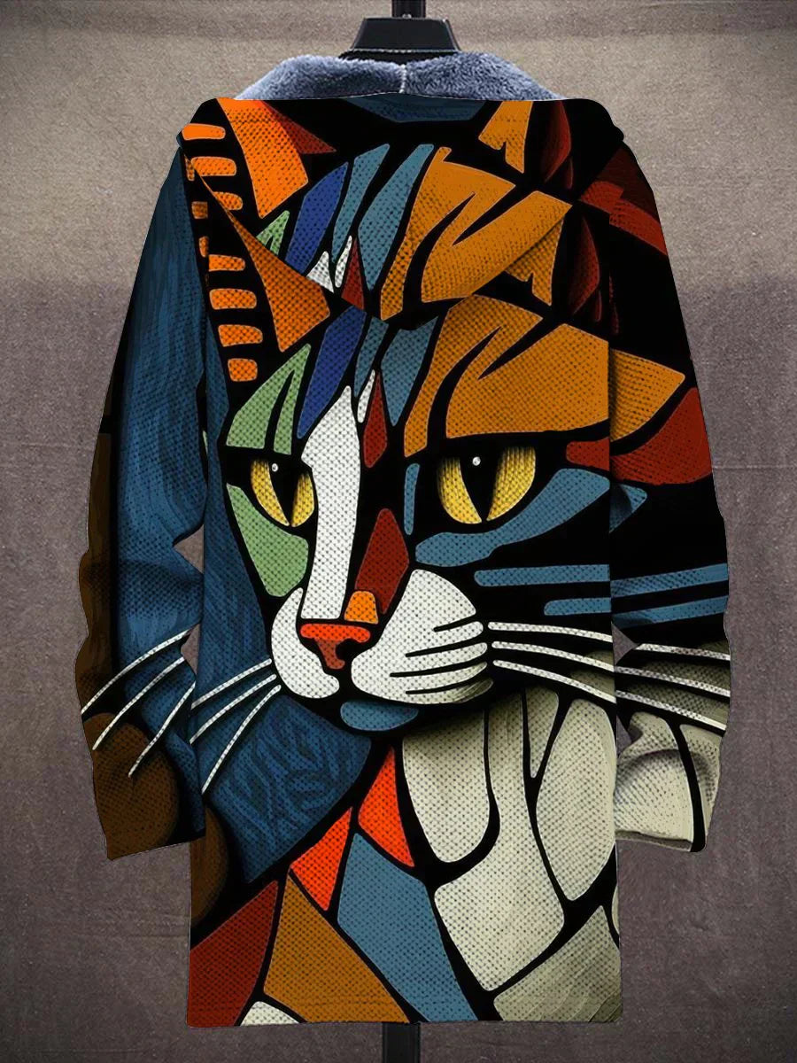 Women's Artistic Cat Print Zip Up Hoodie Jacket - Unique Statement Casual Wear