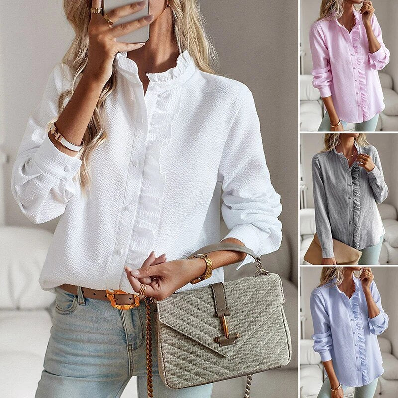 Women's Long Sleeve Button-Down Shirt – Casual Ruffle Blouse Top