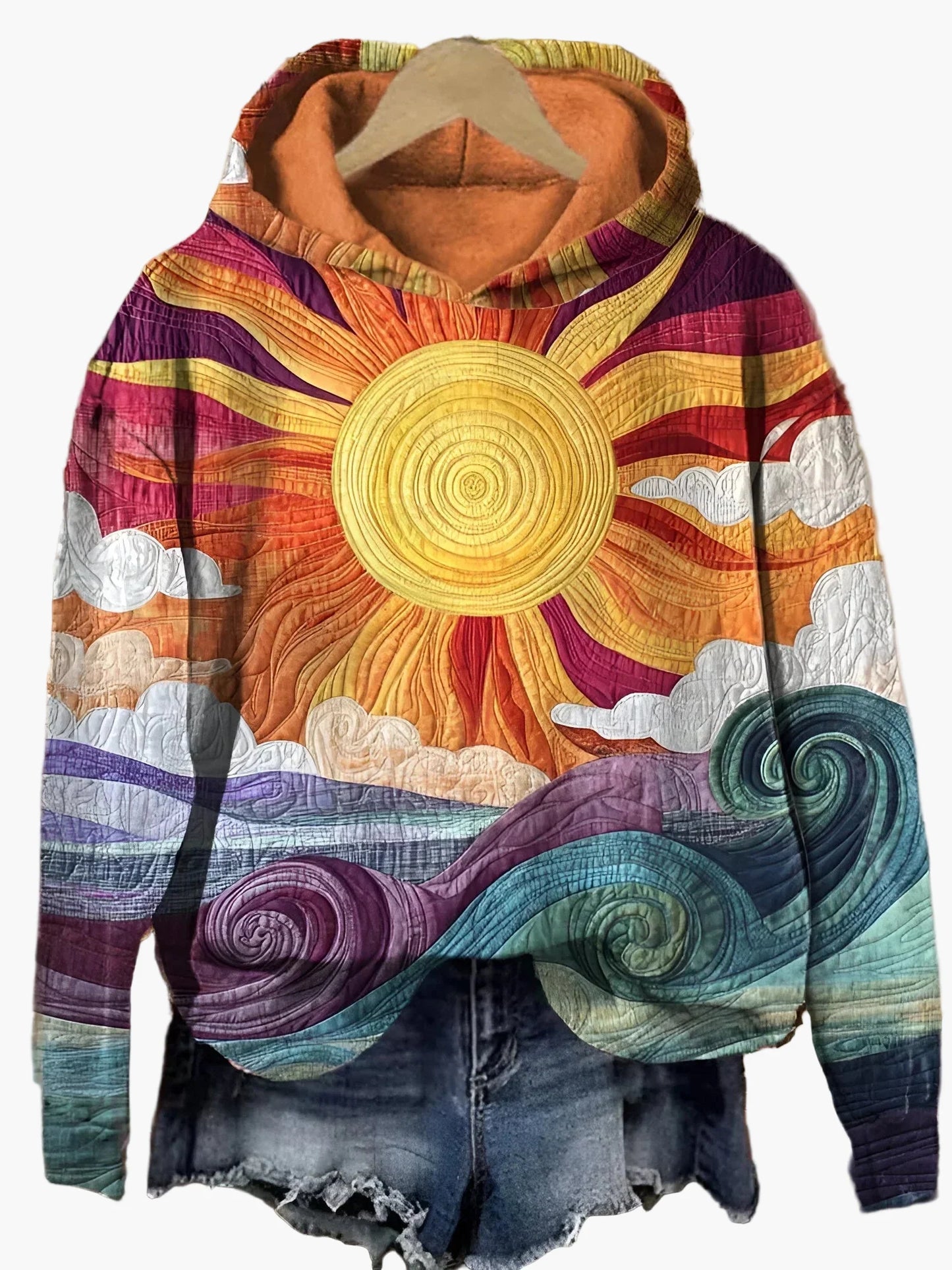 Women's Artistic Sun and Waves Boho Hoodie Pullover for Casual Wear