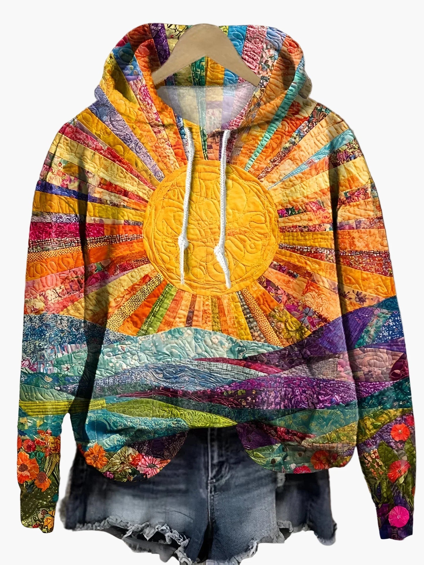 Women's Artistic Boho Sunrise Patchwork Hoodie - Vibrant Festival & Everyday Comfort