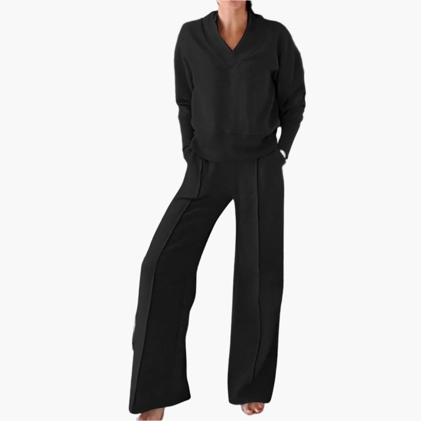 Women's Elegant 2-Piece Loungewear Set with V-Neck Sweater and Wide-Leg Pants - Casual Sportswear Outfit
