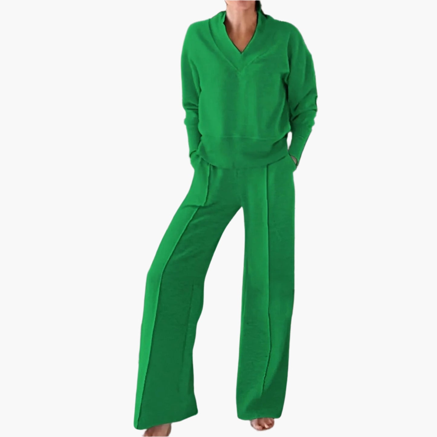 Women's Elegant 2-Piece Loungewear Set with V-Neck Sweater and Wide-Leg Pants - Casual Sportswear Outfit