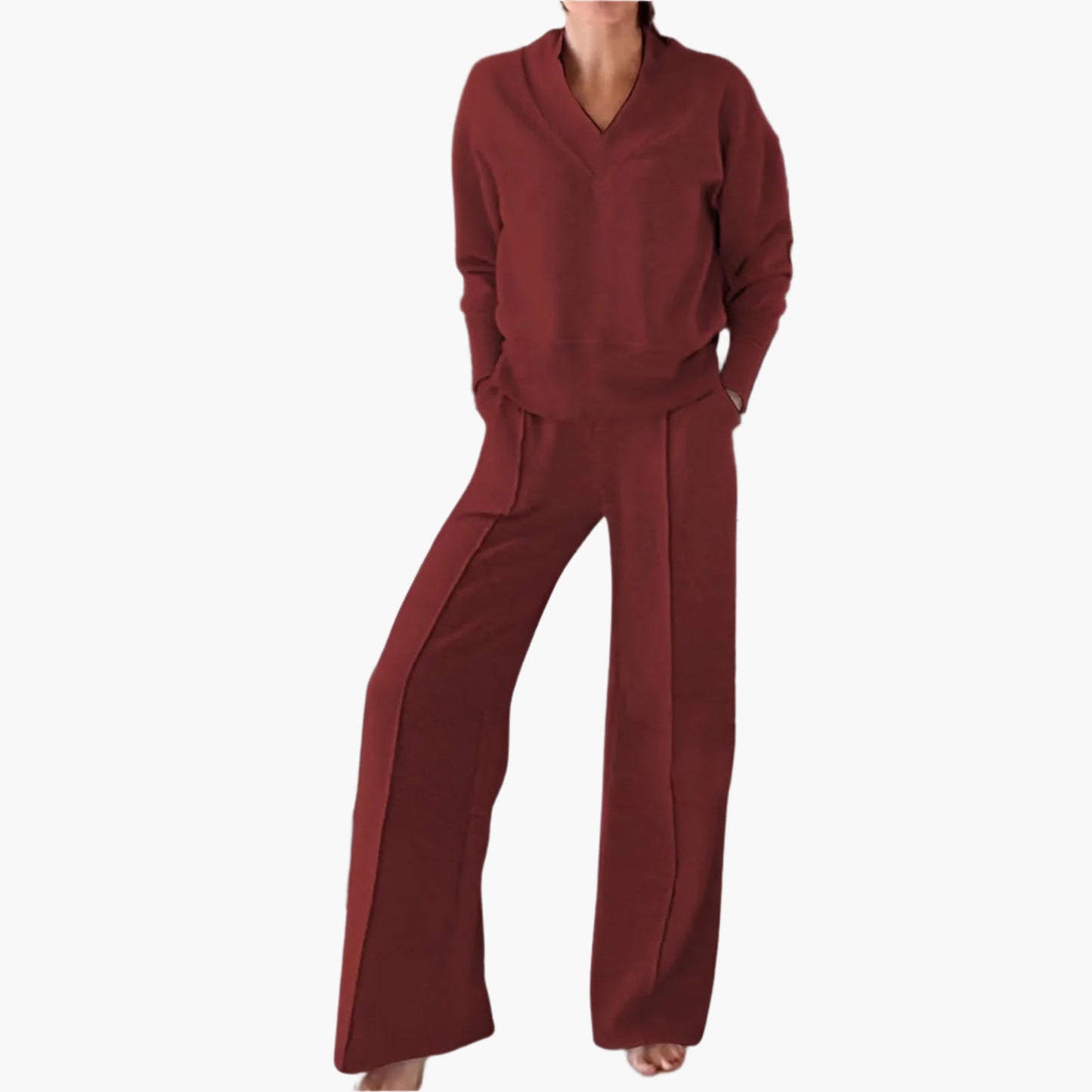 Women's Elegant 2-Piece Loungewear Set with V-Neck Sweater and Wide-Leg Pants - Casual Sportswear Outfit