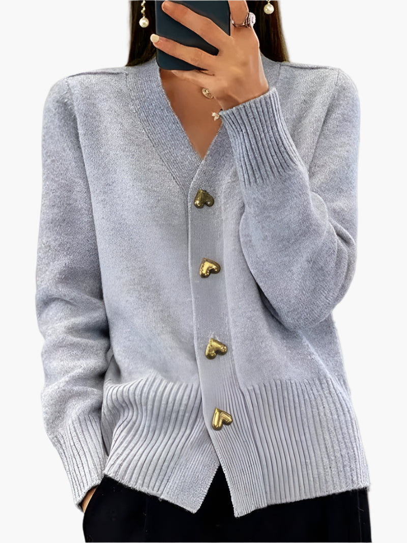 Women's Heart Button V-Neck Cardigan Sweater – Casual Elegant Knitwear for Autumn and Winter