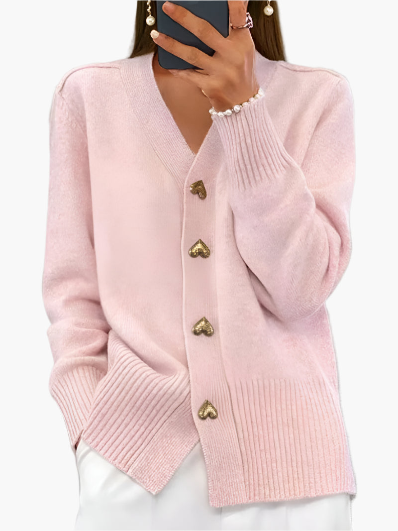 Women's Heart Button V-Neck Cardigan Sweater – Casual Elegant Knitwear for Autumn and Winter