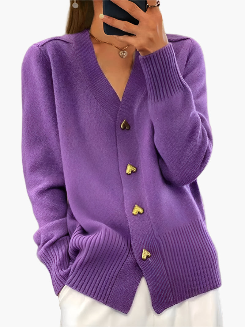 Women's Heart Button V-Neck Cardigan Sweater – Casual Elegant Knitwear for Autumn and Winter
