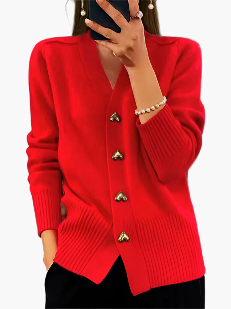 Women's Heart Button V-Neck Cardigan Sweater – Casual Elegant Knitwear for Autumn and Winter