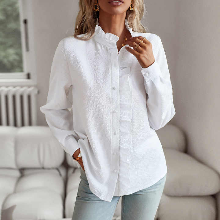 Women's Long Sleeve Button-Down Shirt – Casual Ruffle Blouse Top