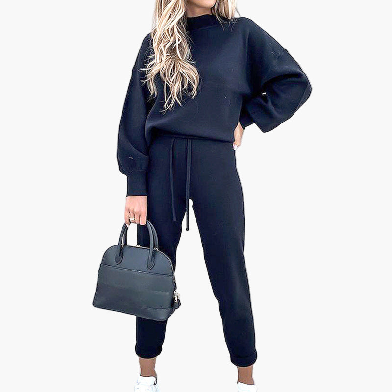Women's Cozy Lounge Two-Piece Set with Turtleneck Top and High Waist Pants - Relaxed Fit Loungewear