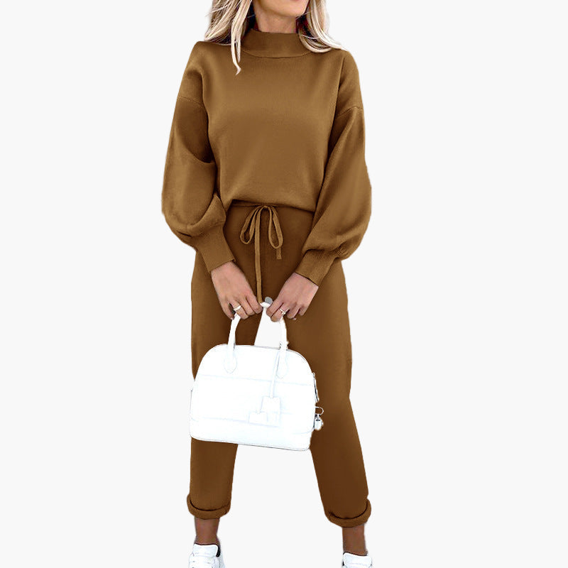 Women's Cozy Lounge Two-Piece Set with Turtleneck Top and High Waist Pants - Relaxed Fit Loungewear
