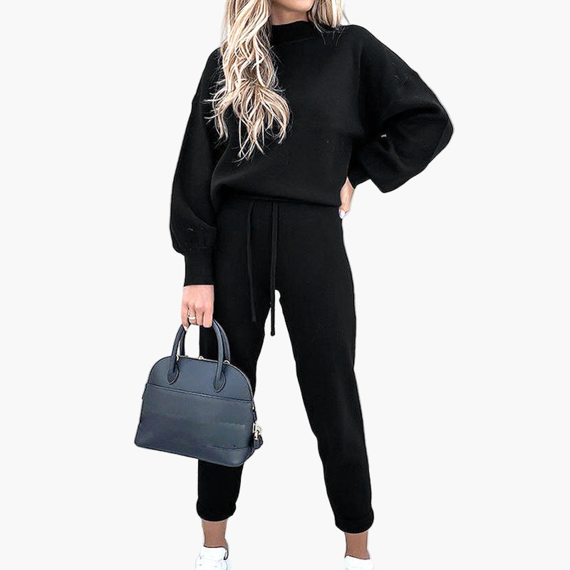 Women's Cozy Lounge Two-Piece Set with Turtleneck Top and High Waist Pants - Relaxed Fit Loungewear