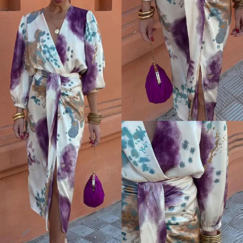 Katy – Chic V-neck Long Sleeve Slit Midi Dress Two-piece Suit