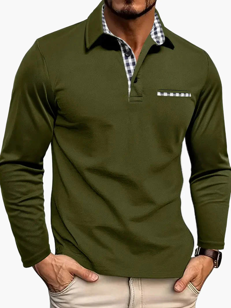 Men's Long Sleeve Polo Shirt with Checked Collar – Slim Fit Stylish Casual Top