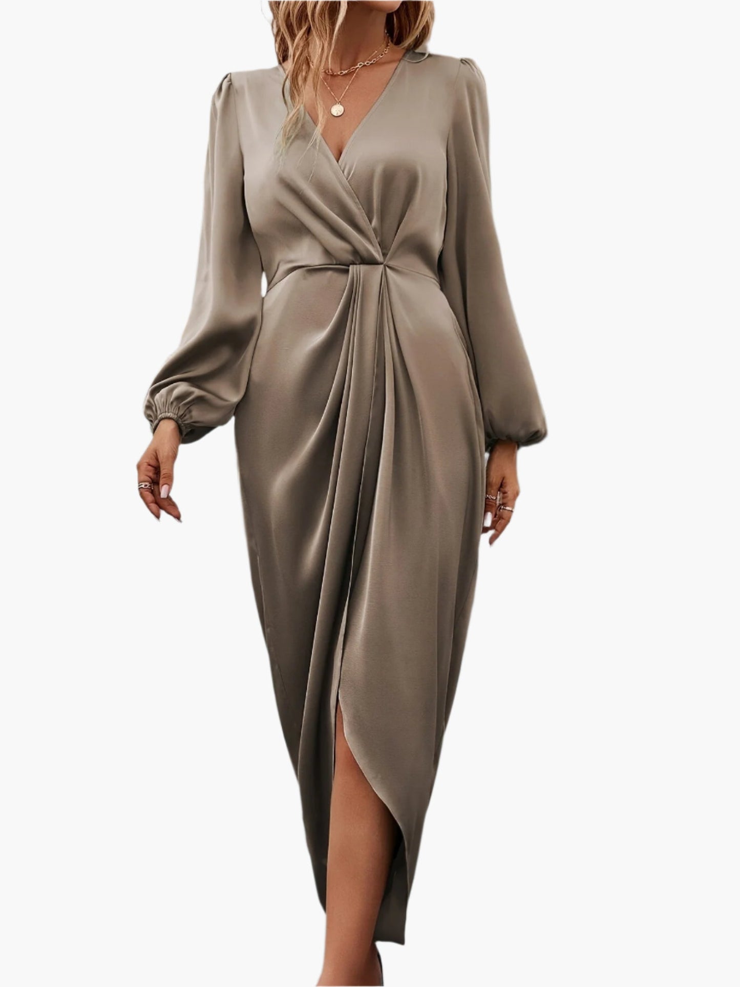 Women’s Draped Wrap Midi Dress with Long Sleeves