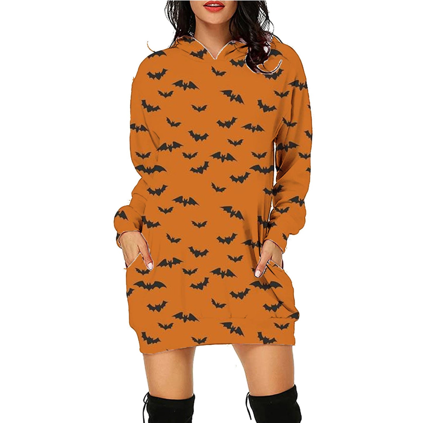 Women's Halloween Hooded Sweatshirt Dress – Fun Printed Costume & Party Wear