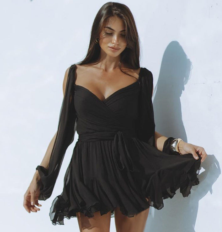 Women’s Flowy Beach Mini Dress – One-Shoulder Long Sleeve Style