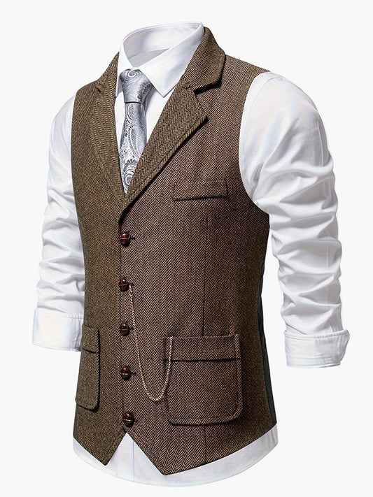 Men's Classic Herringbone Waistcoat Vest – Formal Retro Style for Business or Special Occasions