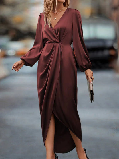 Elegant Women's V-Neck Satin Maxi Dress with Long Bell Sleeves and Front Slit for Summer