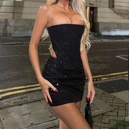 Anna – Denim Sequin Skirt Suit with Tube Top
