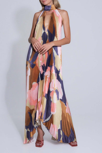 Women’s Halter Neck Pleated Maxi Dress – Bold Statement for Special Occasions