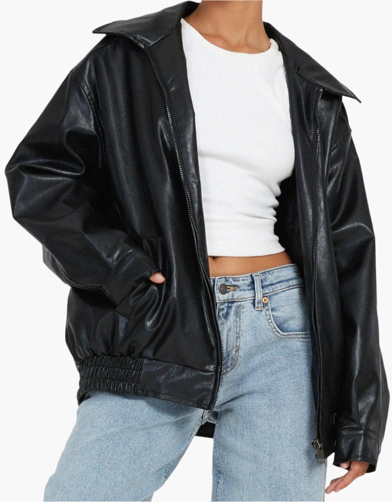 Women's Oversized Faux Vegan Leather Bomber Jacket – Trendy Relaxed Fit for Casual or Night Out