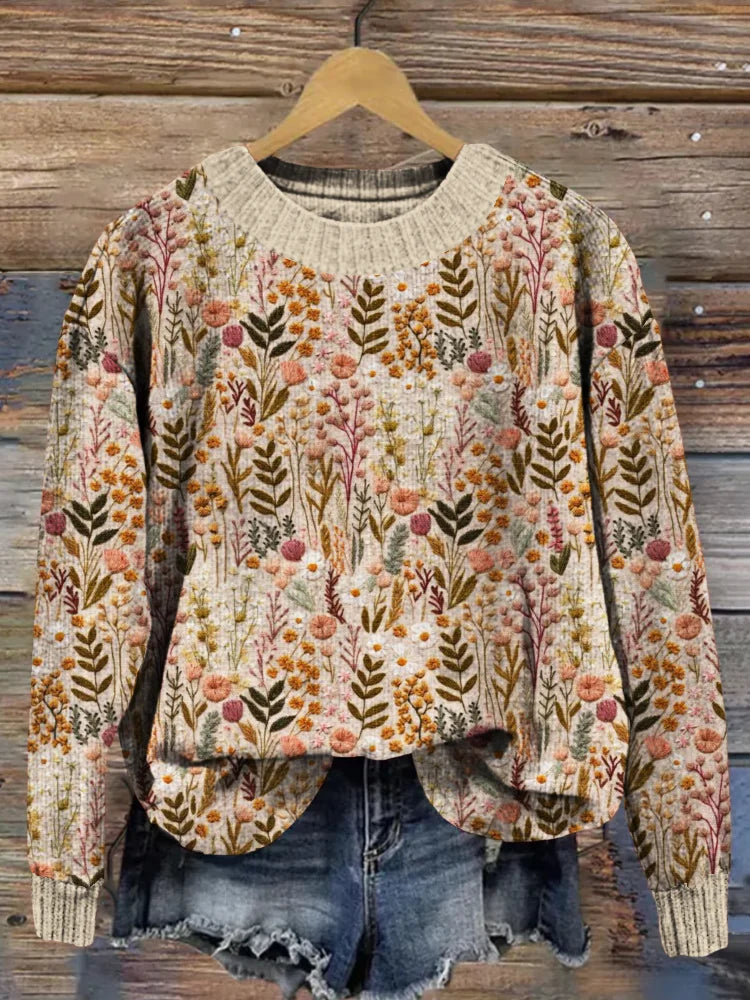 Women's Floral Pattern Relaxed Fit Sweater – Casual Boho Style
