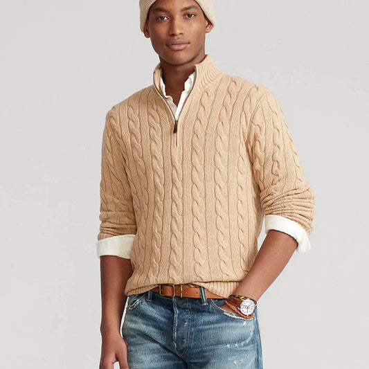 Men's Classic Cable Knit Quarter-Zip Vegan Wool Sweater – Versatile Office & Casual Style