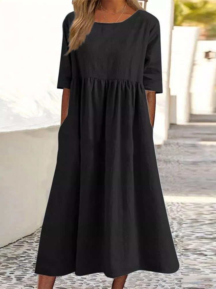 Katy – Fashion Casual Cotton Linen Short Sleeve Pocket Dress