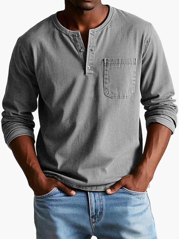 Men's Vintage Long Sleeve Henley Shirt Casual Classic Style