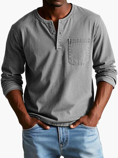 Men's Vintage Long Sleeve Henley Shirt Casual Classic Style