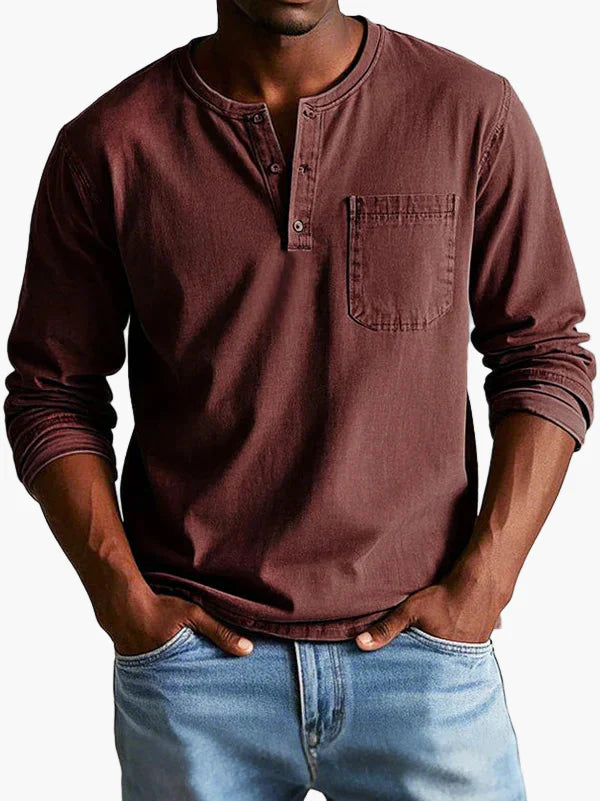 Men's Vintage Long Sleeve Henley Shirt Casual Classic Style