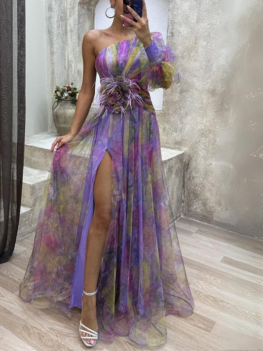 Women’s One-Shoulder Evening Gown – Elegant High-Slit Floral Design