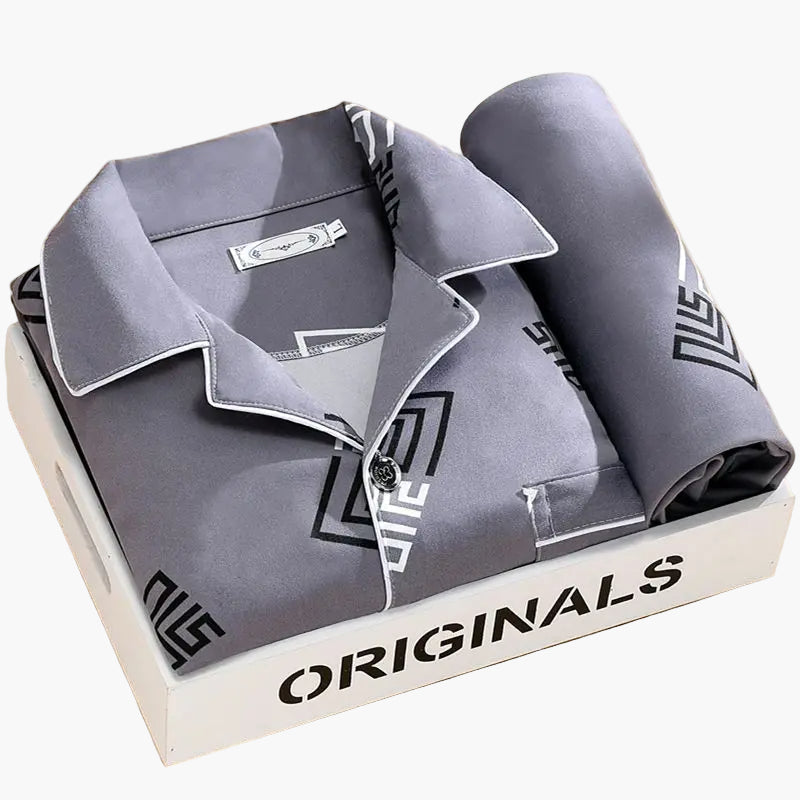 Men's Classic Pajama Set with Feather Print, Stylish Long Sleeve Loungewear for All-Season Comfort
