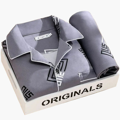 Men's Classic Pajama Set with Feather Print, Stylish Long Sleeve Loungewear for All-Season Comfort